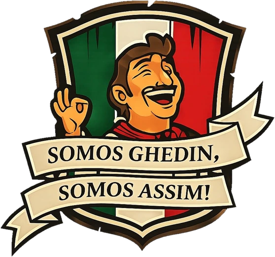 Brasão da Família Ghedin: escudo com a bandeira italiana e a faixa “Somos Ghedin, Somos Assim!”