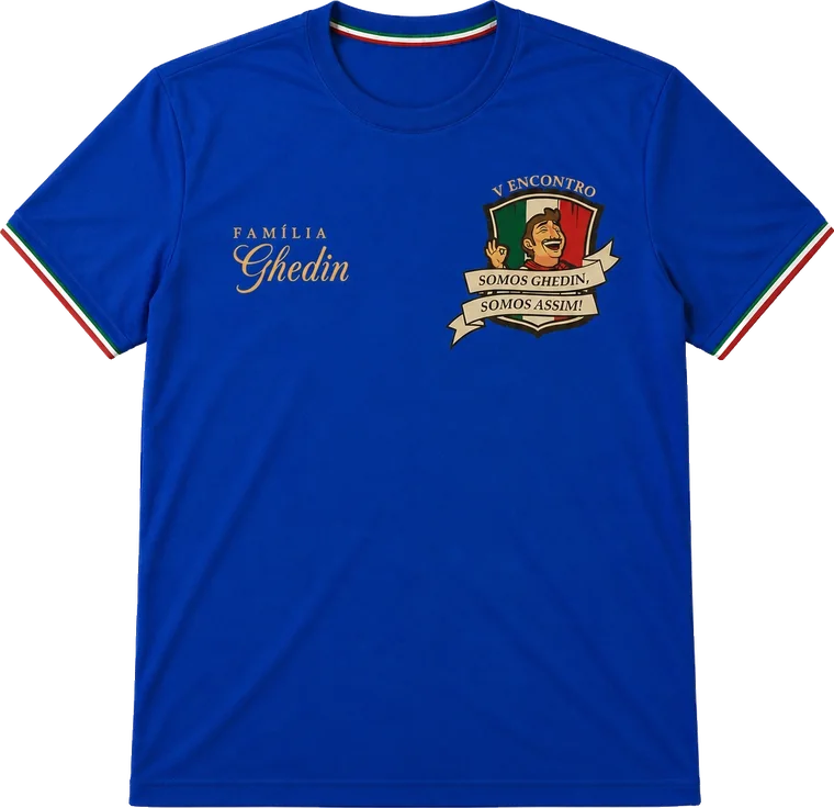 Camisa oficial do V Encontro da Família Ghedin, azul com brasão e o lema Somos Ghedin, Somos Assim